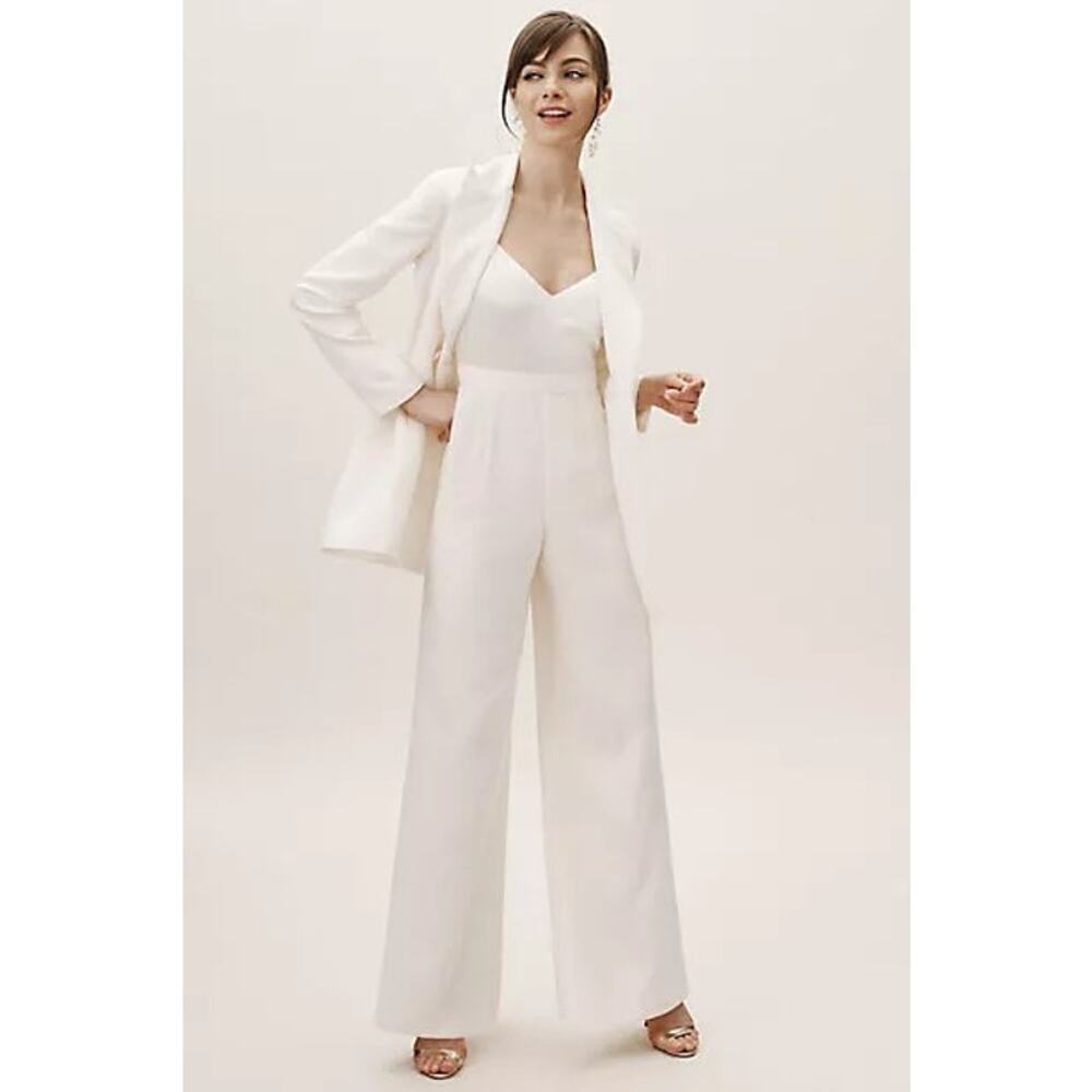 New BHLDN x Jill Stuart Nicki Jumpsuit $328 Sz 6 Off-White BRIDAL Wide-leg Crepe